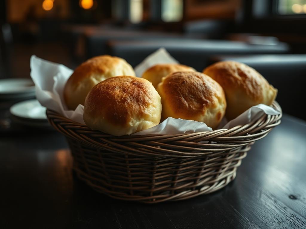 Basket of warm dinner rolls on a dark restaurant table