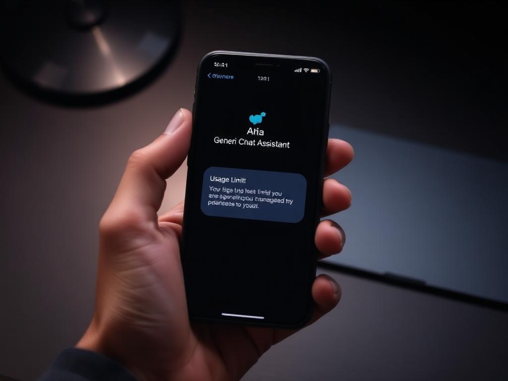 Hand holding a phone showing an AI assistant usage limit message