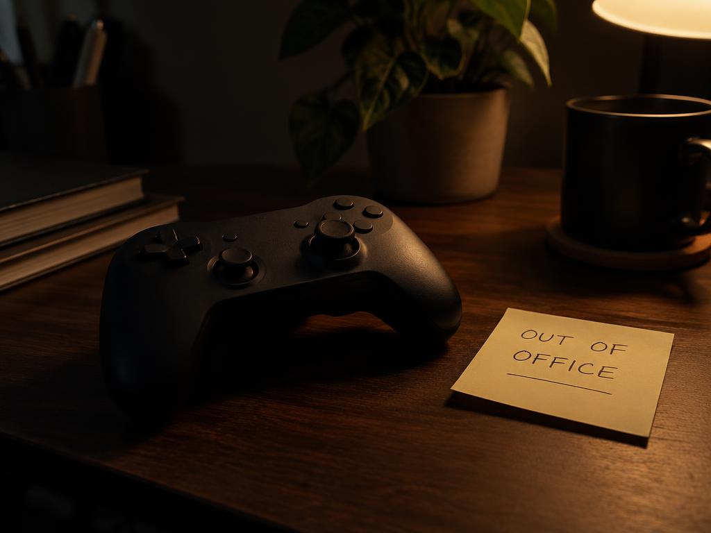 Game controller on a desk beside a handwritten out of office note